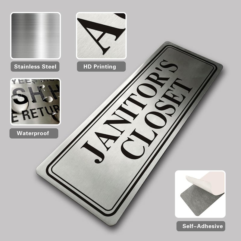 LEMBANG Metal Stainless Steel Janitor's Closet Sign for business,With Self Adhesive,9x3in (JANITOR CLOSET) - Image 2